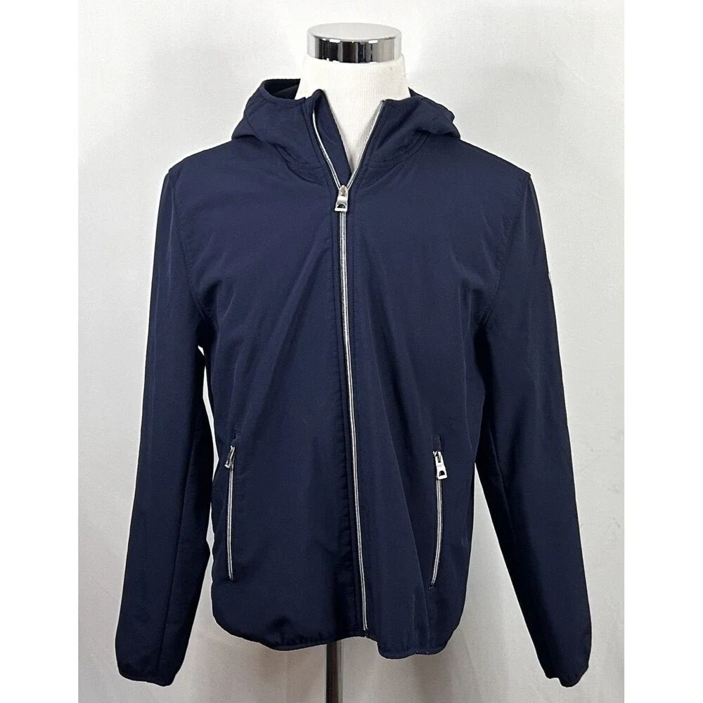 Guess Large Hooded Soft Shell Jacket Full Zip Fleece Lined Navy Blue Poly Blend - Picture 2 of 5